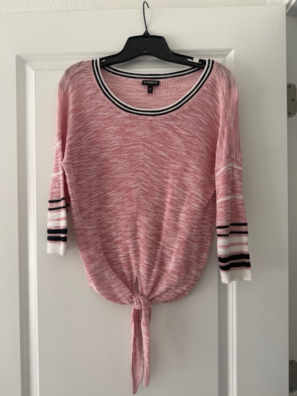 Express Pink Marled Tie-Front Knit Top with Stripe Trim